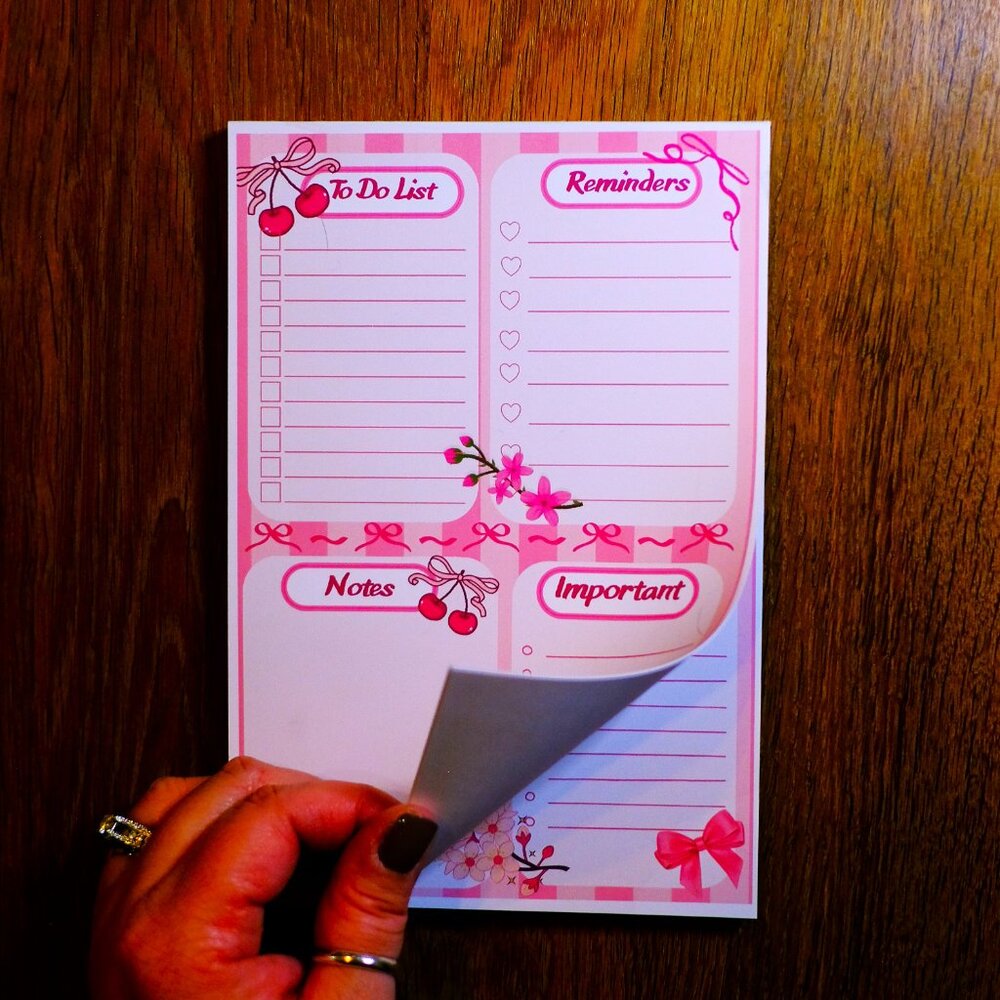 Handmade Cherries Pink To Do List Notepad, organize, pages, reminders, pad - Picture 2 of 2